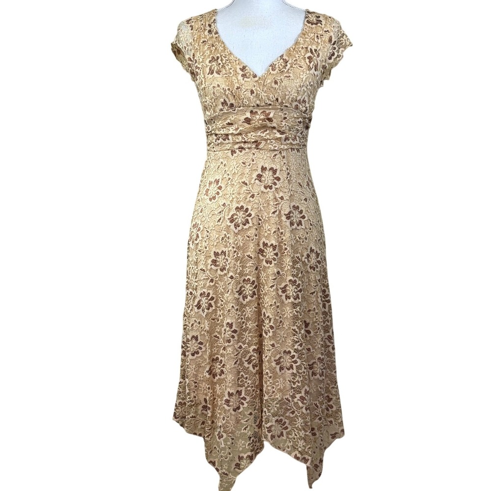 Volume One Floral Lace Handkerchief Hem Midi Dress, M, feminine, whimsigoth lite